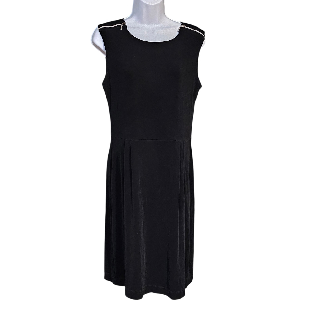 Chico’s Travelers 1 Black Sleeveless Midi Dress Shoulder Zipper Detail Pleated M